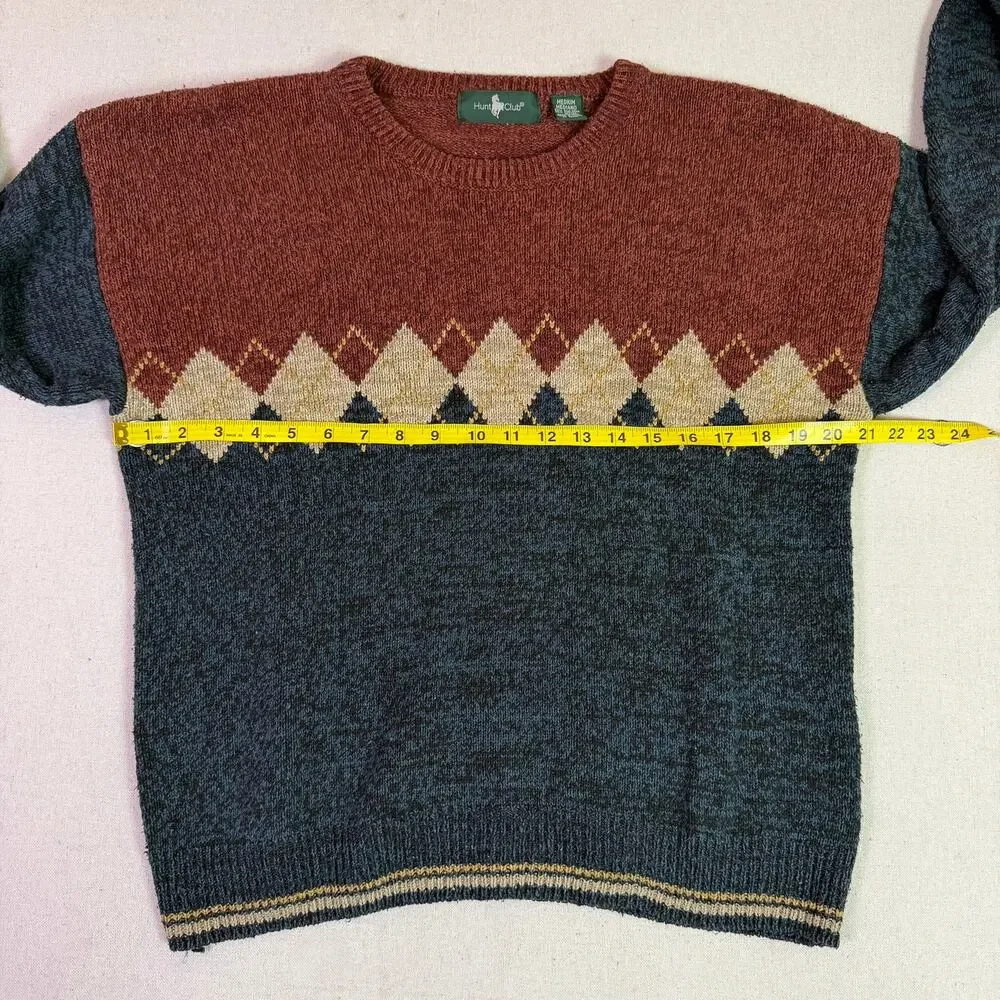 Vintage 90s Hunt Club Argyle Crewneck Sweater Men's Med Silk Cotton Grandpacore - Picture 7 of 11